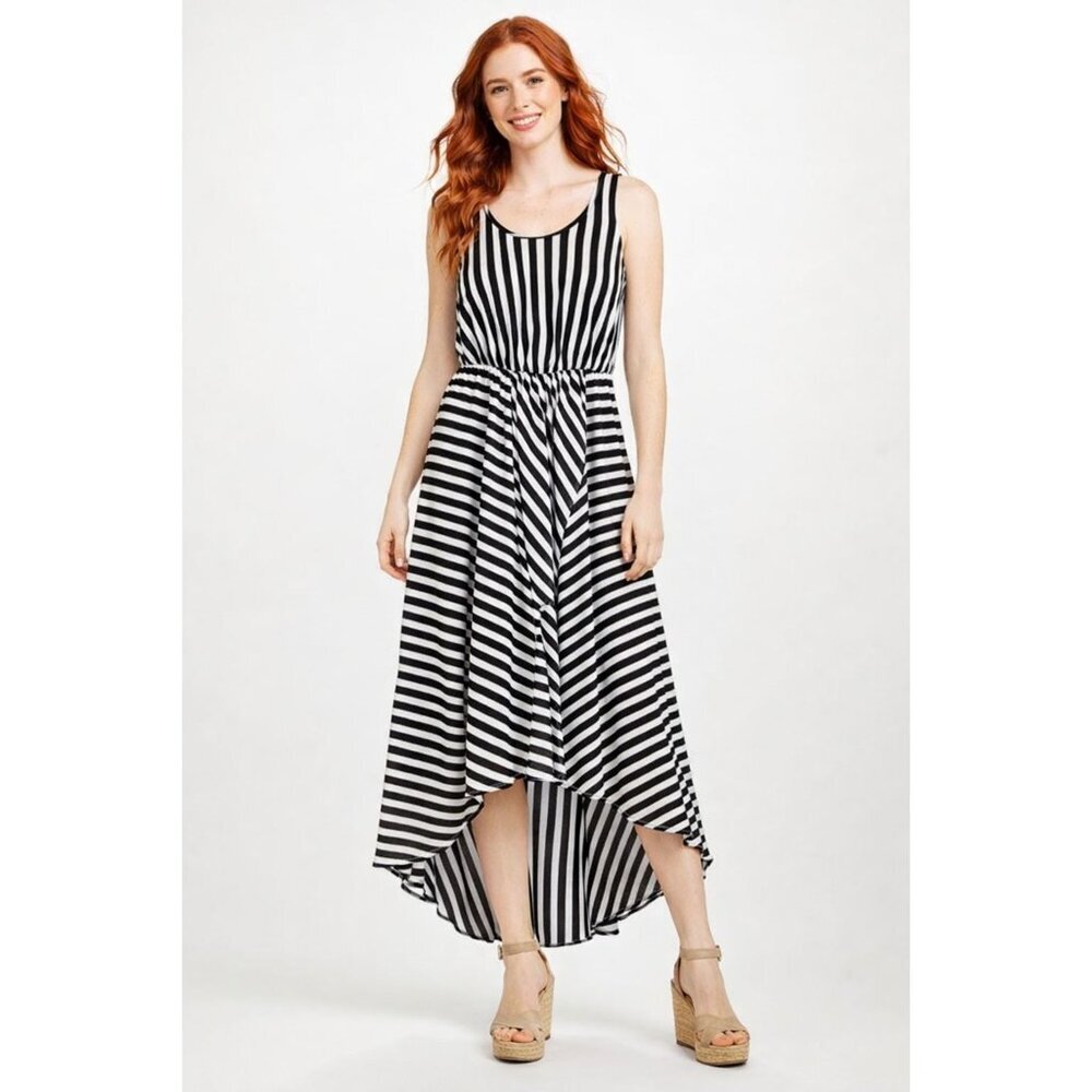 Elle NWT Women's Sleeveless black & white striped hi-low dress Size XS Sundress